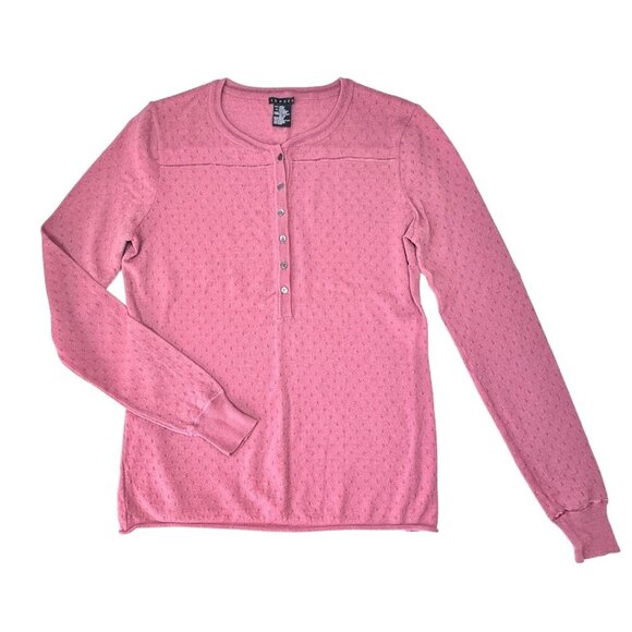 THEORY Wool Henley Sweater Sz.M Pointelle Knit Pink Preppy Lightweight Cottage - Picture 10 of 10